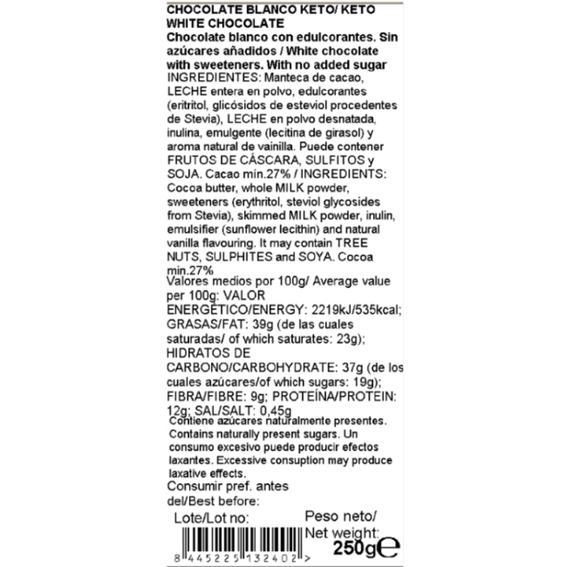 Chocolate blanco keto 250g
