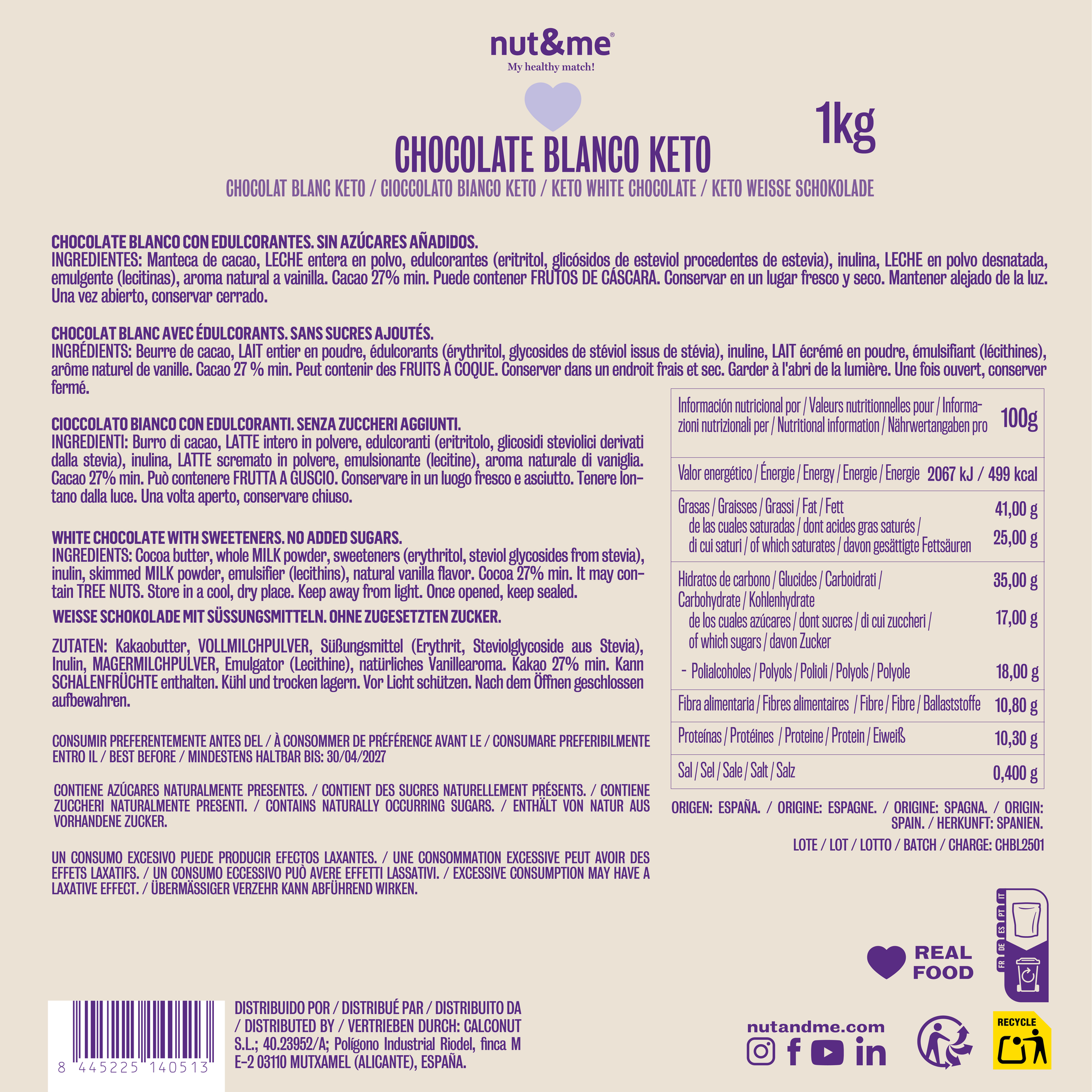 Chocolate blanco keto 250g