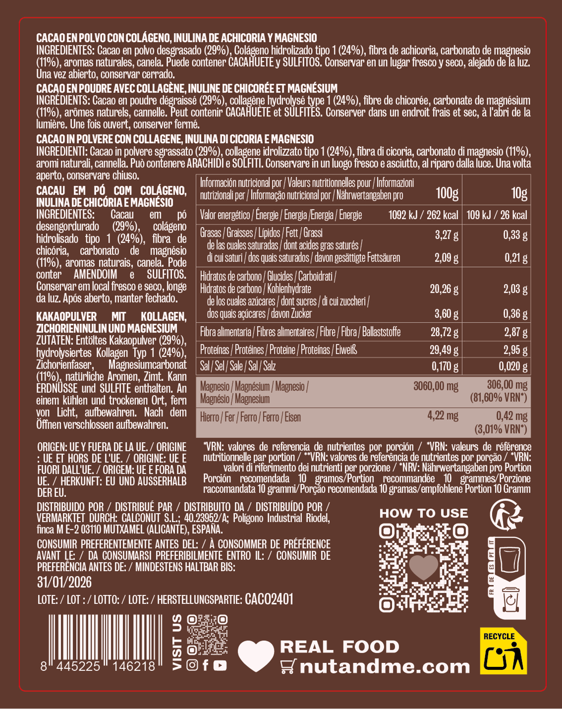 Cacao con colageno y magnesio 250g