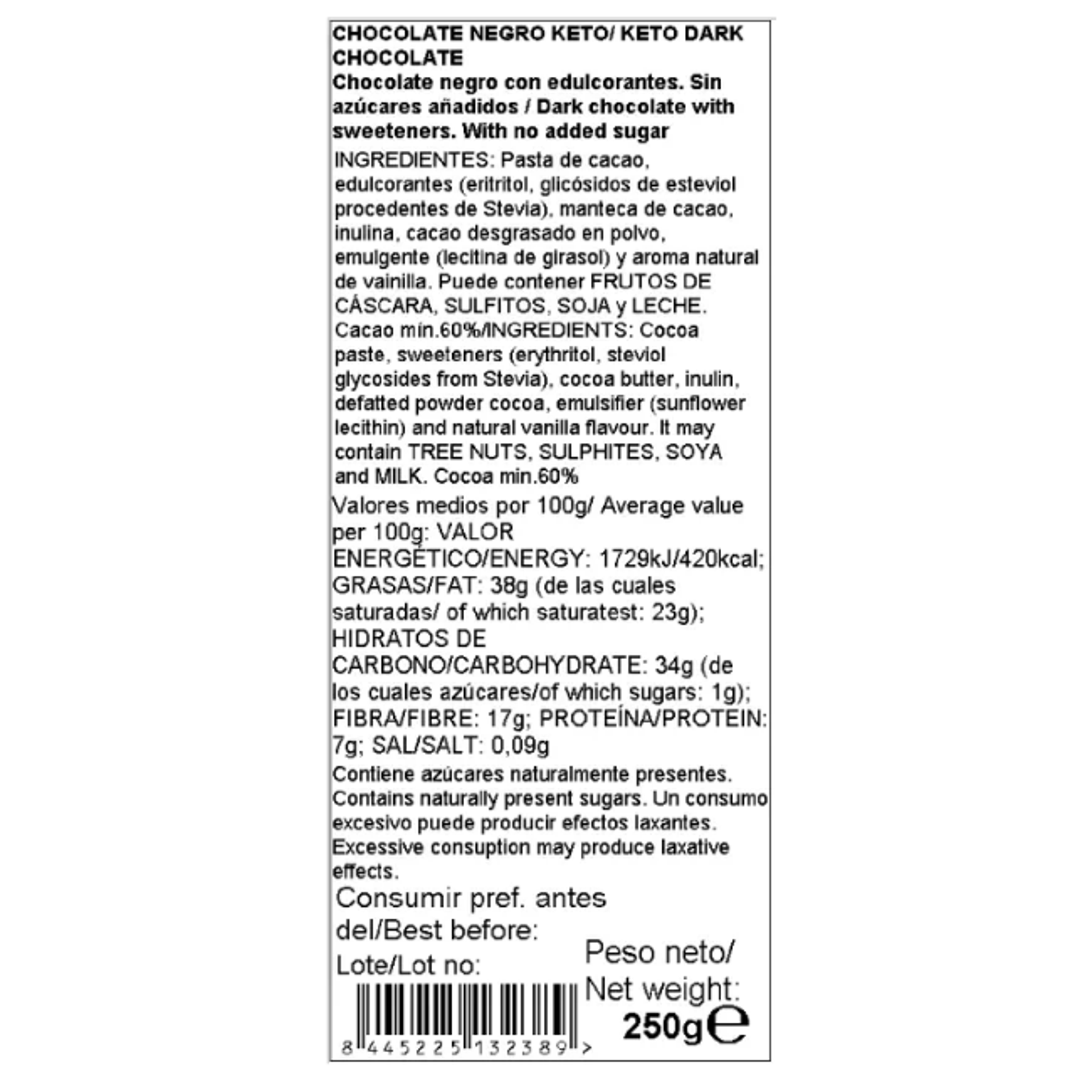 Chocolate negro keto 250g
