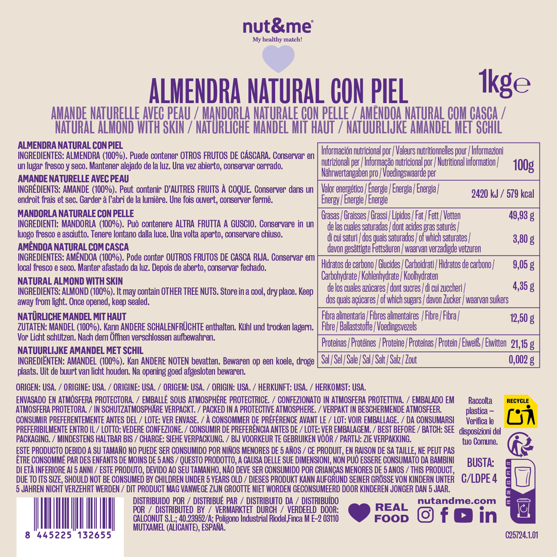 Almendra natural con piel 1kg