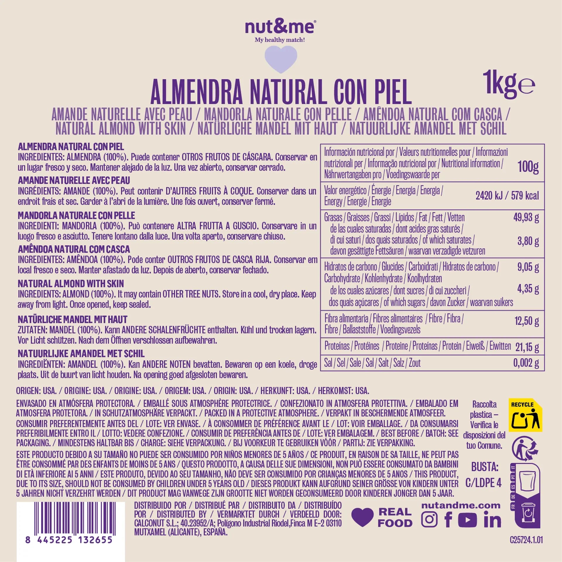 Almendra natural con piel 1kg