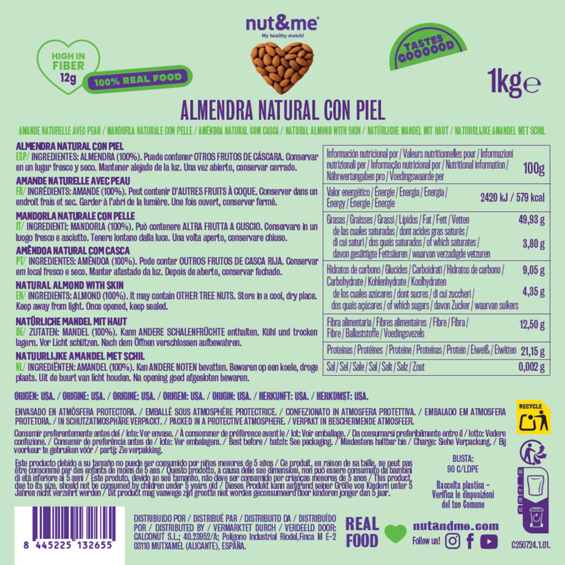 Almendra natural con piel 1kg