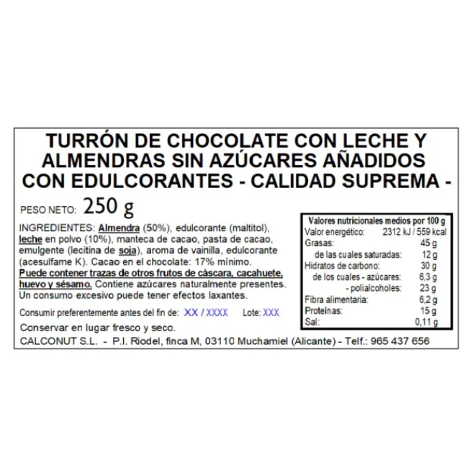 Turron de chocolate con almendras 250g
