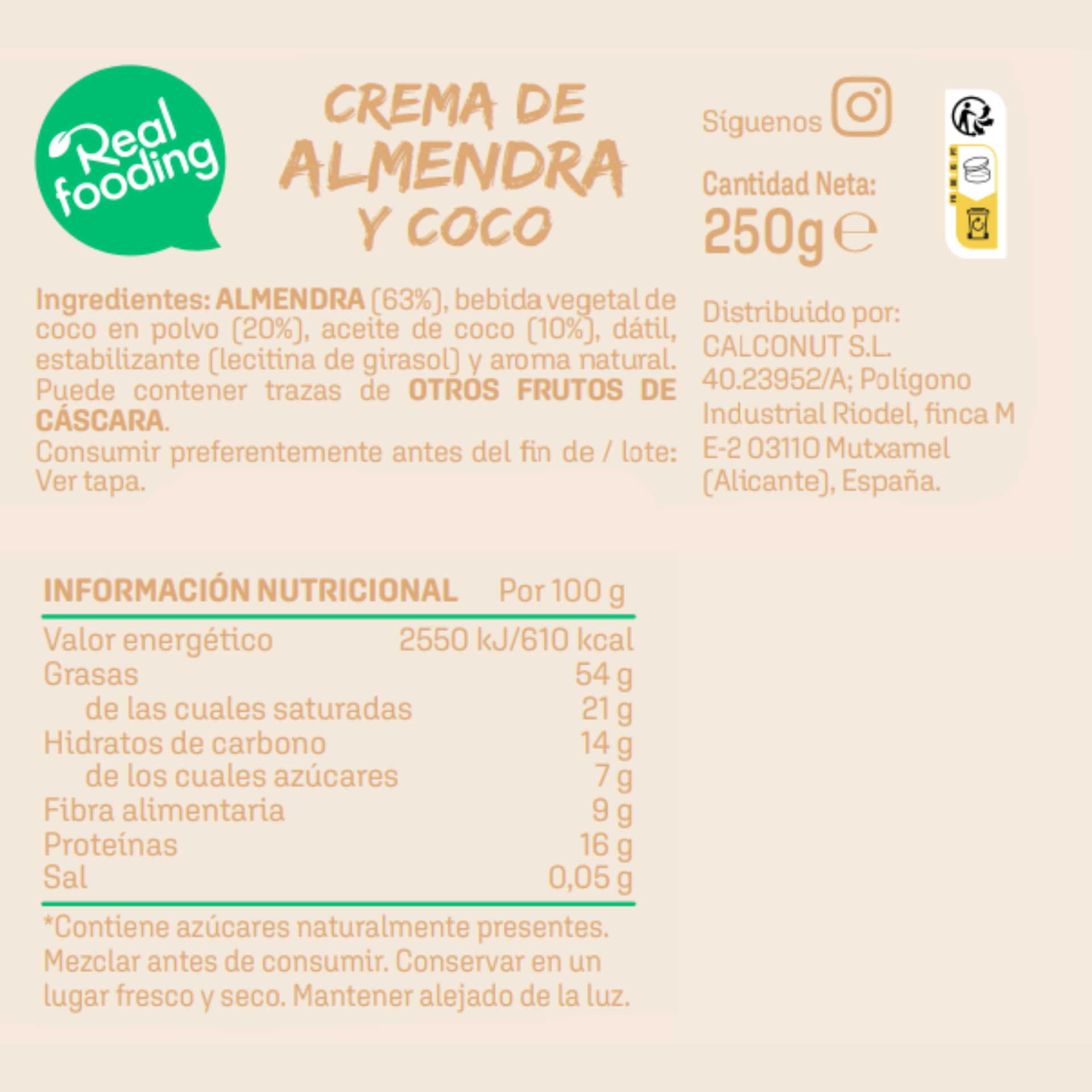 Crema de almendra y coco Realfooding 250g